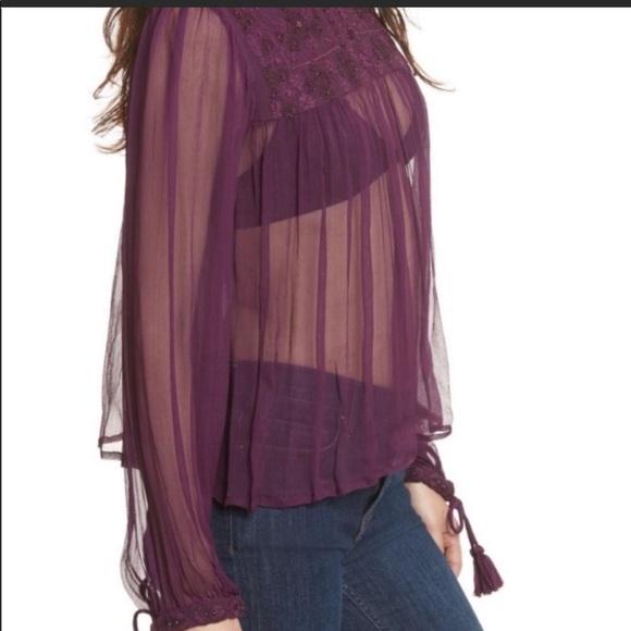 FREE PEOPLE Wine Embellished Long Sleeve Sheer Top - Picture 2 of 4